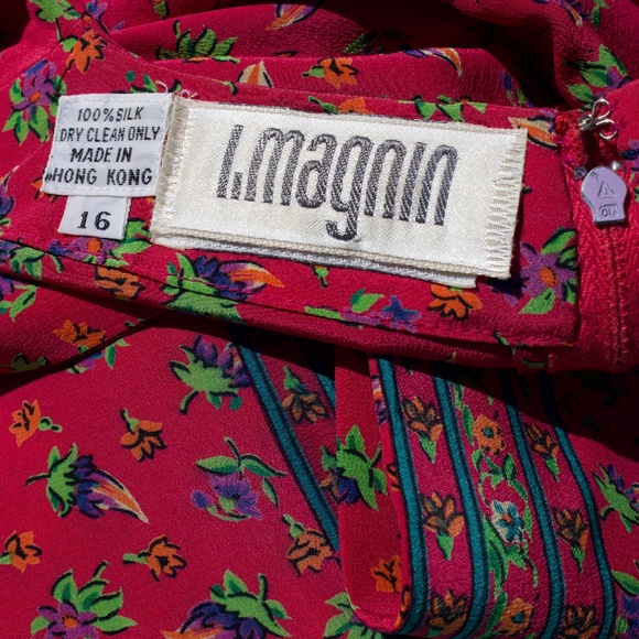 Vintage I. Magnin 100% Silk Fuchsia Long Sleeve Floral Boho Midi Dress Size L - Picture 17 of 17